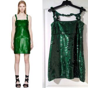 Ganni | Twisted Sequined Satin Mini Dress In Kelly Green